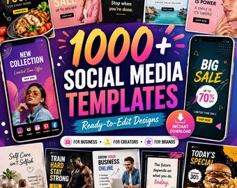 Könnte beinhalten: Eine Sammlung von 1000+ Social-Media-Vorlagen mit verschiedenen Grafikdesigns für Unternehmen, Kreative und Marken. Die Anzeige umfasst mehrere Smartphone-Mockups und quadratische Layouts mit Texten wie Delicious Food, Special Sale, Time to Travel, Beauty is Power, New Collection, Big Sale, Self Care isn't Selfish, Train Hard Stay Strong, Grow Your Business Online und Today's Special.