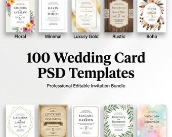 Könnte beinhalten: Eine Sammlung von 100 Hochzeitskarten-PSD-Vorlagen mit verschiedenen Designs, darunter florale, minimalistische, goldene, rustikale, Boho-, moderne, Vintage-, elegante, grüne und Aquarell-Stile, als professionelles, bearbeitbares Einladungsset.