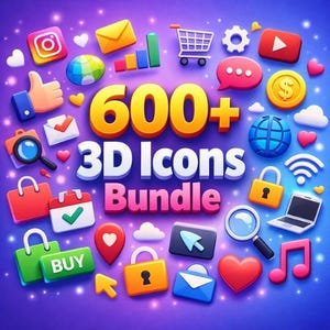 Può includere: Una grafica vivace con una collezione di icone 3D, tra cui loghi di social media, carrelli della spesa e fumetti. Il testo "600+ 3D Icons Bundle" è in evidenza. Lo sfondo è una sfumatura di viola e blu con effetti scintillanti.