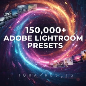 Op de afbeelding: Een abstracte digitale afbeelding met een wervelende werveling van blauw, oranje en roze licht. De tekst "150.000+ Adobe Lightroom Presets" is prominent aanwezig. Kleine fotominiaturen zijn rond de werveling gerangschikt. De merknaam "IQRA PRESETS" staat onderaan.