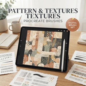 May include: A digital tablet displaying a collage of various patterns and textures in earthy tones. The screen shows the text PATTERN & TEXTURES TEXTURES PROCREATE BRUSHES and a circular badge labeled DIGITAL BRUSH SET. A stylus rests on the tablet.