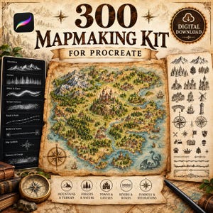 Peut inclure: Un kit de création de cartes numériques pour Procreate comprenant 300 éléments. L'image montre une carte fantastique centrale avec des montagnes, des forêts et un château, entourée d'un menu de pinceaux et d'icônes d'arbres et bâtiments.