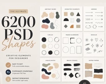 Könnte beinhalten: Grafikdesign-Ressource mit 6200 PSD-Formen, darunter abstrakte Blobs, geometrische Elemente, Pfeile, Kreise, Rahmen, Kritzeleien, flüssige Formen, Pinselstriche und gerissenes Papier. Photoshop-kompatibel und einfach zu bearbeiten.