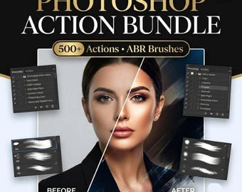 Könnte beinhalten: Ein Photoshop-Aktionspaket mit dem Text Photoshop Action Bundle und 500+ Actions ABR Brushes. Das Bild zeigt einen geteilten Vorher-Nachher-Vergleich eines Gesichts, ergänzt durch Bedienfelder mit verschiedenen Software-Menüoptionen.