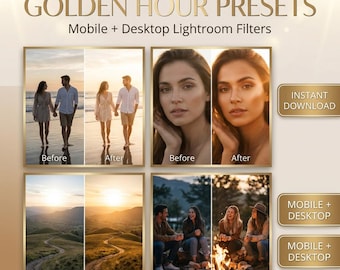 Puede incluir: Una pantalla de producto digital titulada GOLDEN HOUR PRESETS Mobile + Desktop Lightroom Filters. Presenta cuatro imágenes comparativas de pantalla dividida que muestran efectos de antes y después en fotos de personas en la playa, un retrato, un paisaje y una fogata.