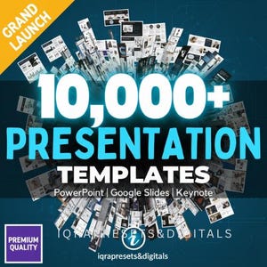 Puede incluir: Gráfico promocional con el texto "10.000+ PRESENTATION TEMPLATES" en blanco y azul. El gráfico también incluye las palabras "PowerPoint | Google Slides | Keynote" y "GRAND LAUNCH". La imagen tiene un fondo azul oscuro.