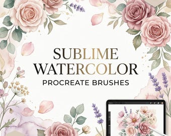 Könnte beinhalten: Ein digitales Pinselset mit Aquarellillustrationen von altrosa Rosen, Lavendelzweigen und grünen Blättern. Der Text lautet SUBLIME WATERCOLOR PROCREATE BRUSHES. Ein Tablet zeigt ein mit diesen Pinseln erstelltes Blumenarrangement.