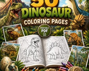 Könnte beinhalten: Eine Sammlung von 50 Dinosaurier-Malvorlagen im druckbaren PDF-Format. Das Bild zeigt ein aufgeschlagenes Buch mit Strichzeichnungen eines T-Rex und eines Stegosaurus, umgeben von bunten Dinosaurier-Illustrationen, Buntstiften und einem fossilen Ei.