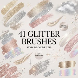 Op de afbeelding: Een digitale collectie van 41 glitterpenselen voor Procreate met diverse gestructureerde streken in goud, zilver, roségoud en iriserende tinten, geaccentueerd met kleine sterpictogrammen en twee ronde badges met het label Digital Download.