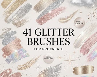 Könnte beinhalten: Eine digitale Sammlung von 41 Glitzerpinseln für Procreate mit verschiedenen strukturierten Strichen in Gold, Silber, Roségold und irisierenden Farbtönen, akzentuiert durch kleine Sternsymbole und zwei runde Abzeichen mit der Aufschrift Digital Download.