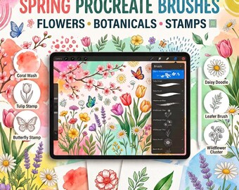 Könnte beinhalten: Ein digitales Tablet mit einer Procreate-Oberfläche, die eine Blumenillustration zeigt, umgeben von verschiedenen botanischen Stempeln und Aquarelltexturen. Der Text lautet SPRING PROCREATE BRUSHES FLOWERS BOTANICALS STAMPS, mit Beschriftungen für Coral Wash, Tulip Stamp, Butterfly Stamp, Daisy Doodle, Leafer Brush und Wildflower Cluster.