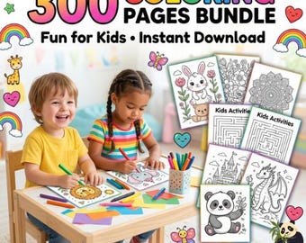 Könnte beinhalten: Ein digitales Paket mit 300 Malvorlagen, das verschiedene schwarz-weiße Strichzeichnungen enthält, darunter ein Hase, Blumen, Mandalas, Labyrinthe, ein Schloss, ein Drache und ein Panda, mit dem Text 300 COLORING PAGES BUNDLE Fun for Kids.