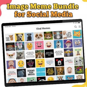 Può includere: Un tablet digitale mostra una raccolta di meme virali, tra cui volti di animali, emoji e testo umoristico. La parte superiore dello schermo recita "Image Meme Bundle for Social Media."