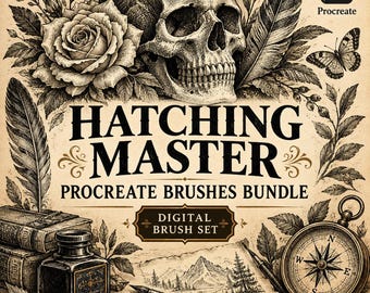 Könnte beinhalten: Eine digitale Grafik mit einem menschlichen Schädel, einer Rose, einem Schmetterling und Federn. Der Text lautet HATCHING MASTER PROCREATE BRUSHES BUNDLE DIGITAL BRUSH SET. Unten sind zwei Bücher, ein Tintenfass, zwei Stifte und ein Kompass.