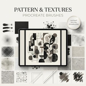 May include: A digital collection of Procreate brushes titled PATTERN & TEXTURES, featuring an instant digital download badge. The image displays a tablet screen showing a black and white abstract geometric illustration surrounded by various texture samples.