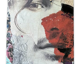 Collage van een stoer mannengezicht met houten blokken – wanddecoratie in street art-stijl (20 x 18 cm)