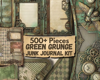 Kit per diario junk grunge steampunk verde, pacchetto di effimeri PNG, pagine stampabili, tasche, portfolio, kit per scrapbooking