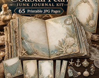 Coastal Pearl Junk Journal Kit, Printable Ocean Journal Pages, Beach Ephemera, Nautical Scrapbook Paper, JPG Download