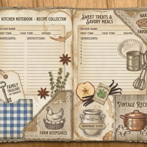 May include: A vintage recipe notebook with a rustic design. It features sections for recipes, ingredients, and instructions. Decorative elements include illustrations of kitchen tools, a pie, a chicken, and the text "My Kitchen Notebook - Recipe Collector."