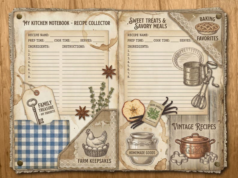 May include: A vintage recipe notebook with a rustic design. It features sections for recipes, ingredients, and instructions. Decorative elements include illustrations of kitchen tools, a pie, a chicken, and the text "My Kitchen Notebook - Recipe Collector."