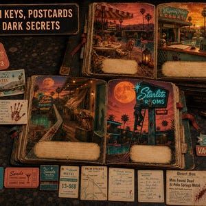 May include: A collection of vintage-style motel ephemera including two open scrapbooks with illustrated desert scenes, room key tags, postcards, a 'Do Not Disturb' sign, a pool pass, and various printed documents featuring text like 'ROOM KEYS, POSTCARDS & DARK SECRETS'.