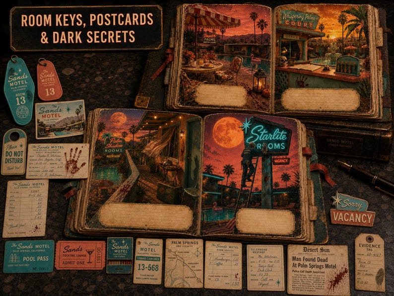 May include: A collection of vintage-style motel ephemera including two open scrapbooks with illustrated desert scenes, room key tags, postcards, a 'Do Not Disturb' sign, a pool pass, and various printed documents featuring text like 'ROOM KEYS, POSTCARDS & DARK SECRETS'.