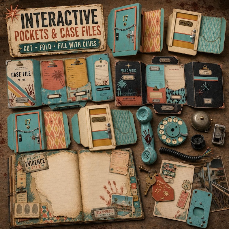 May include: A collection of interactive paper craft supplies including a sign reading INTERACTIVE POCKETS & CASE FILES, miniature doors, a rotary telephone, keys, and a journal with desert-themed evidence, fingerprints, and motel motifs.