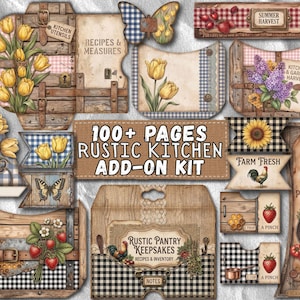 May include: A collection of rustic kitchen-themed digital art elements. The image features various designs, including wooden crates, floral arrangements, butterflies, and text that reads "100+ PAGES RUSTIC KITCHEN ADD-ON KIT". The color palette includes browns, yellows, and greens.