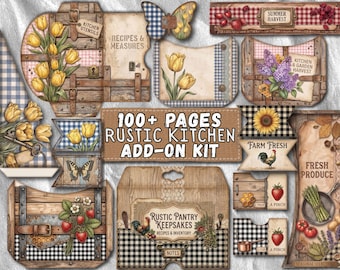 Kit di efemere aggiuntive per diario di cucina rustica con oltre 100 pagine stampabili, ricettario, libri di cucina e pasticceria, ideale per scrapbooking.