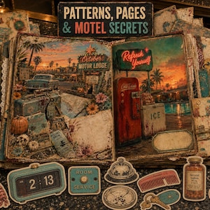 May include: An open scrapbook featuring a sunset motel scene with a vintage car, neon signs, and a red soda machine. The pages are decorated with floral accents, a pumpkin, and a skull. Surrounding the book are die-cut stickers of a rotary phone, digital clock, room service sign, bell, comb, medicine bottle, and keys.
