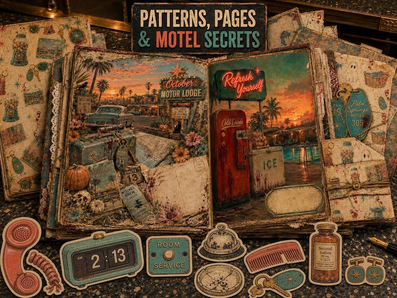 May include: An open scrapbook featuring a sunset motel scene with a vintage car, neon signs, and a red soda machine. The pages are decorated with floral accents, a pumpkin, and a skull. Surrounding the book are die-cut stickers of a rotary phone, digital clock, room service sign, bell, comb, medicine bottle, and keys.