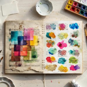 May include: An open sketchbook displays colorful watercolor swatches and paper samples. A palette of watercolors, paintbrushes, and other art supplies are arranged around the sketchbook. The pages feature colorful paint blotches and squares of dyed paper.