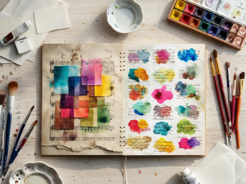 May include: An open sketchbook displays colorful watercolor swatches and paper samples. A palette of watercolors, paintbrushes, and other art supplies are arranged around the sketchbook. The pages feature colorful paint blotches and squares of dyed paper.