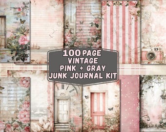 Vintage Shabby Chic Junk Journal Kit: 100 Page Pink & Gray US letter + A4 +A5 Digital Download