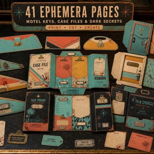 May include: A collection of 41 ephemera pages featuring motel keys, case files, and dark secrets. The set includes printed paper cutouts with vintage-style graphics, detective-themed folders, evidence tags, and notes in teal, orange, and black.