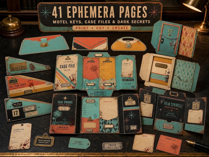 May include: A collection of 41 ephemera pages featuring motel keys, case files, and dark secrets. The set includes printed paper cutouts with vintage-style graphics, detective-themed folders, evidence tags, and notes in teal, orange, and black.