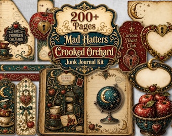Crooked Orchard Junk Journal Kit, Mad Hatter Inspired Printable Pages, Whimsical Apple Tea Party Digital Paper, Vintage Ephemera JPG, PDF