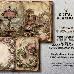 Pu&ograve; includere: Download digitale di un libro in stile vintage con illustrazioni. Il libro aperto presenta scene stravaganti di un tea party e di un treno, con il testo "The Tea Cups Remember Everything". Include un link a Google Drive.