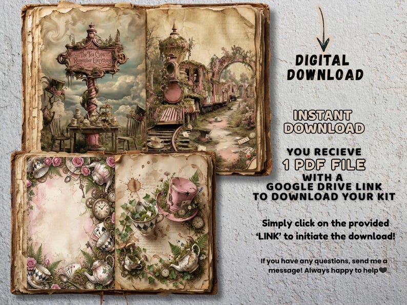 Pu&ograve; includere: Download digitale di un libro in stile vintage con illustrazioni. Il libro aperto presenta scene stravaganti di un tea party e di un treno, con il testo "The Tea Cups Remember Everything". Include un link a Google Drive.