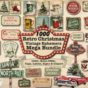 Puede incluir: Una colección de gráficos navideños vintage, que incluyen etiquetas, letreros y clipart. La imagen presenta diseños retro con texto como "Merry Christmas", "North Pole Express" y "Homemade Holiday". También se incluye un coche rojo clásico y una batidora de pie.