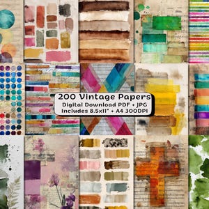 May include: A collection of 12 watercolor paper designs with various abstract patterns and color palettes. The designs include colorful circles, brushstrokes, and geometric shapes. The image also includes the text "200 Vintage Papers" and "Includes 8.5x11" + A4 300DPI".