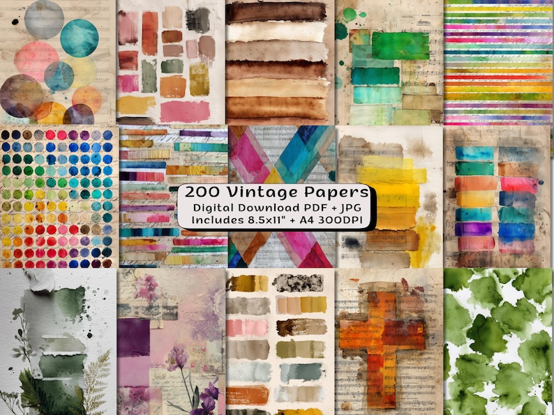 May include: A collection of 12 watercolor paper designs with various abstract patterns and color palettes. The designs include colorful circles, brushstrokes, and geometric shapes. The image also includes the text "200 Vintage Papers" and "Includes 8.5x11" + A4 300DPI".