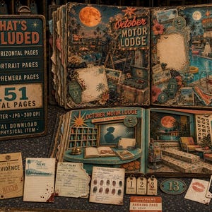 May include: A digital scrapbook kit titled October Motor Lodge featuring 151 total pages, including 39 horizontal, 71 portrait, and 41 ephemera pages. The set includes vintage-style motel themed papers, tags, and cards with a 300 DPI resolution.
