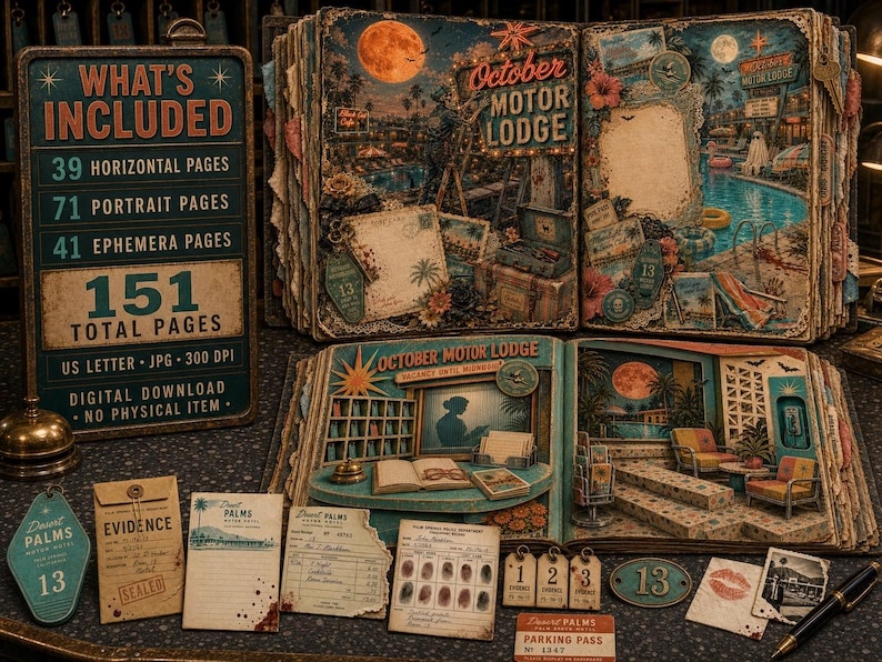 May include: A digital scrapbook kit titled October Motor Lodge featuring 151 total pages, including 39 horizontal, 71 portrait, and 41 ephemera pages. The set includes vintage-style motel themed papers, tags, and cards with a 300 DPI resolution.