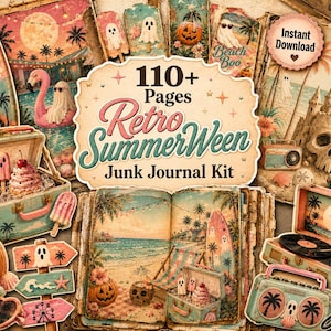 Retro SummerWeen skräpjournalkit, pastellfärgade Halloween-strandutskrivbara sidor, spök-ephemera, etiketter och clipart