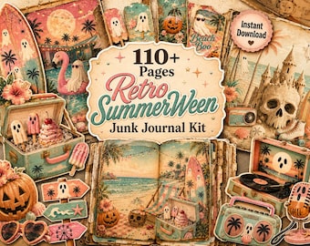 Retro SummerWeen Junk Journal Kit, Pastel Halloween Beach Printable Pages, Ghost Ephemera, Tags & Clipart