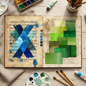 May include: An open sketchbook with watercolor paintings and color swatches. The left page features a blue diamond pattern over musical notes. The right page displays green color gradients. Paint tubes, brushes, and palettes surround the book, suggesting an art studio.