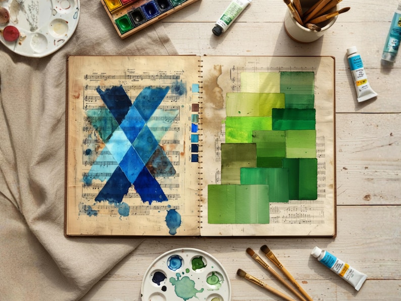 May include: An open sketchbook with watercolor paintings and color swatches. The left page features a blue diamond pattern over musical notes. The right page displays green color gradients. Paint tubes, brushes, and palettes surround the book, suggesting an art studio.