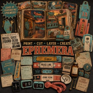 May include: A collection of vintage-style motel themed paper ephemera including printed book pages, motel key tags, police tape, incident reports, a small glass bottle, a plastic ashtray, and a retro telephone handset with a coiled cord.