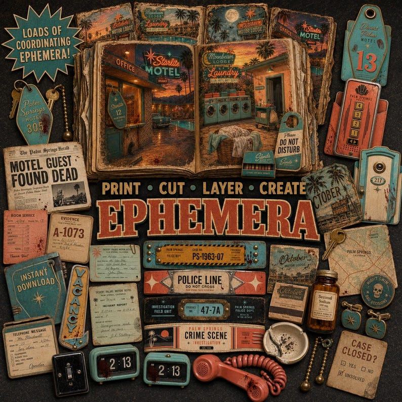 May include: A collection of vintage-style motel themed paper ephemera including printed book pages, motel key tags, police tape, incident reports, a small glass bottle, a plastic ashtray, and a retro telephone handset with a coiled cord.